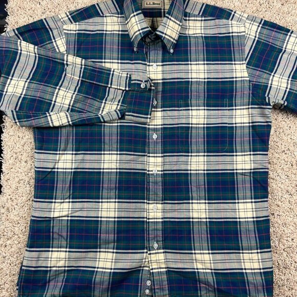 VTG 70’s LL Bean Shirt Mens 16 32 Long Sleeve Button Up Plaid Green Blue Ivory - Picture 1 of 7